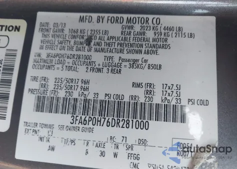 2013 Ford Fusion Se from USA, damaged, VIN 3FA6P0H76DR281000